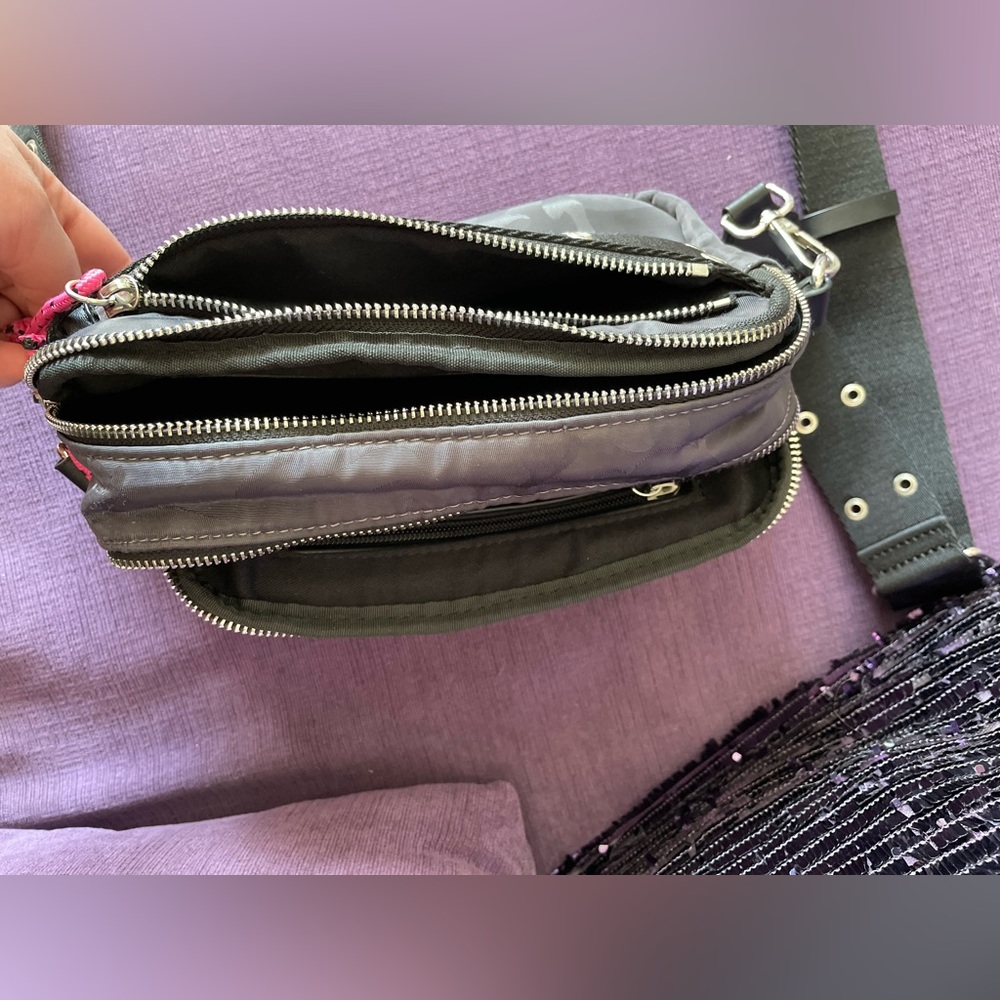 French Connection Cross Body Mini Bag Dark Grey with Camo Print & Pink ties - Picture 3 of 8